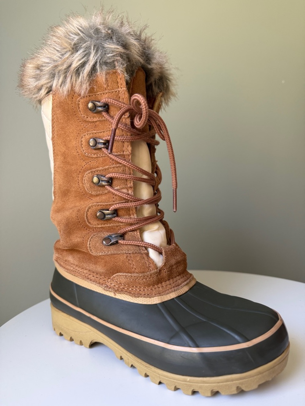Khombu Allie Winter Boots Suede Faux Fur Lace Up Waterproof Duck Boot Tan Cream5